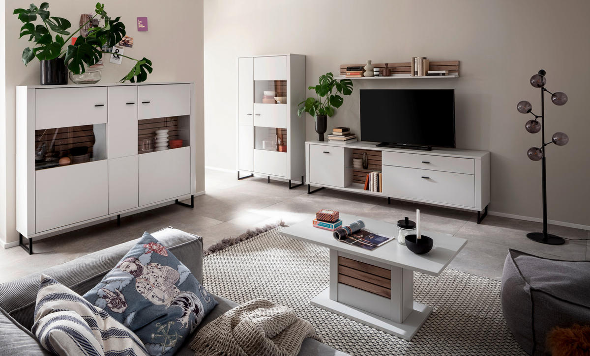 WOHNWAND  in Weiss, Eichefarben 326/185/44 cm  - Weiss/Eichefarben, Design, Glas/Holzwerkstoff (326/185/44cm) - Stylife