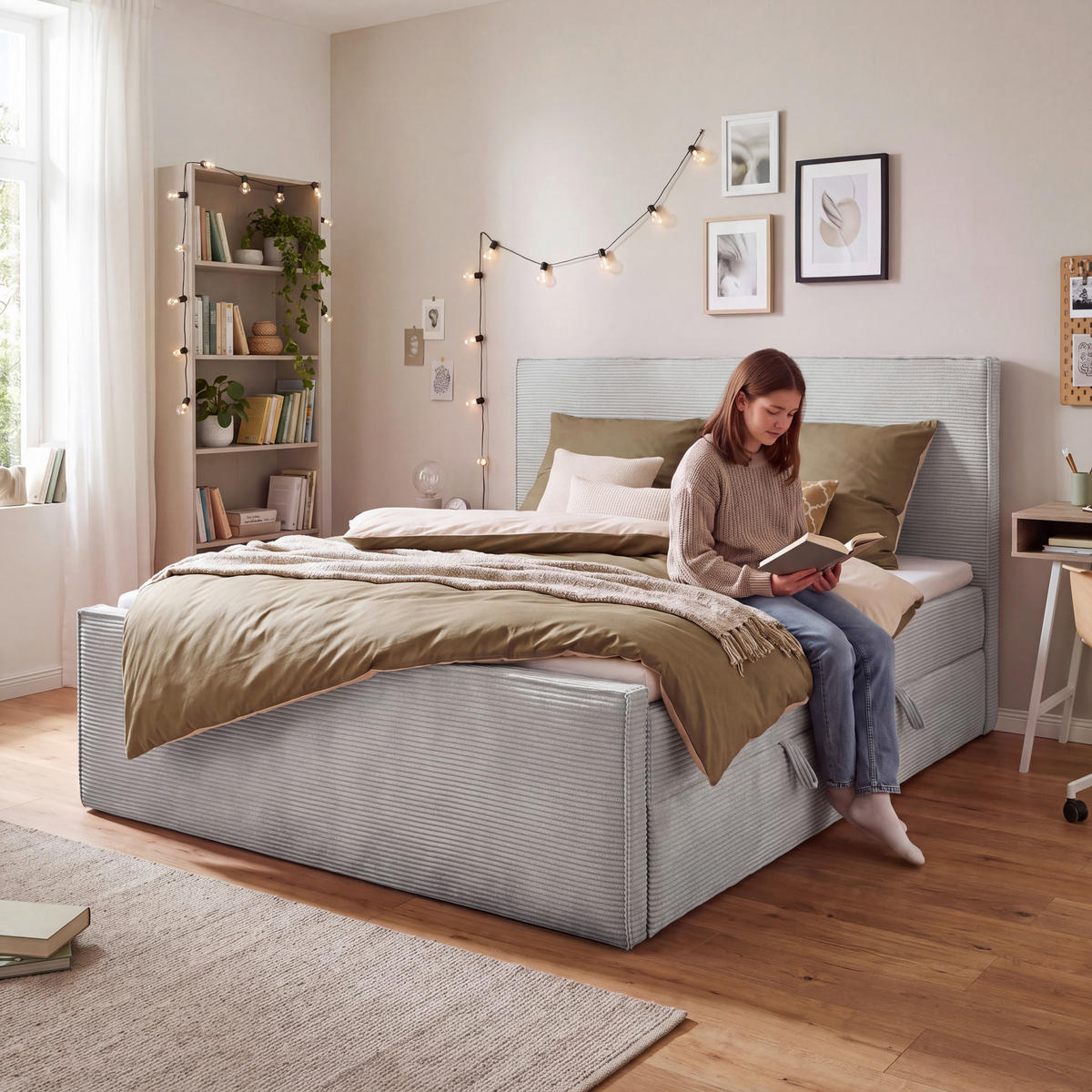 BOXBETT 180/200 cm,  in Hellgrau, gepolstertes Kopfteil, Bettkasten, Topper, Matratzen, H3 + H3 = fest  - Hellgrau/Schwarz, Basics, Kunststoff/Textil (180/200cm) - Chameo