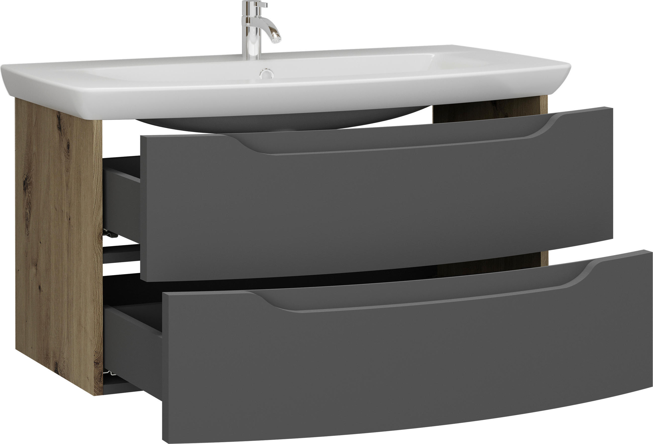 Thumbnail - Mid.you Waschtischkombi, Graphit, Eiche, Holzwerkstoff, 2 Schubladen, 90 cm, FSC Mix, hängend, Badezimmer, Waschbecken &...