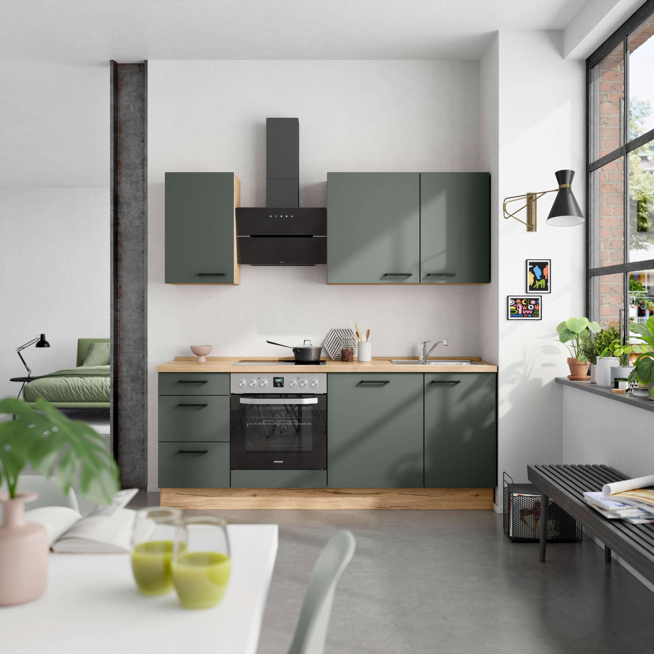 KÜCHENBLOCK 210 cm   in Eichefarben, Dunkelgrün  - Dunkelgrün/Eichefarben, MODERN, Holzwerkstoff/Metall (210cm) - Nobilia