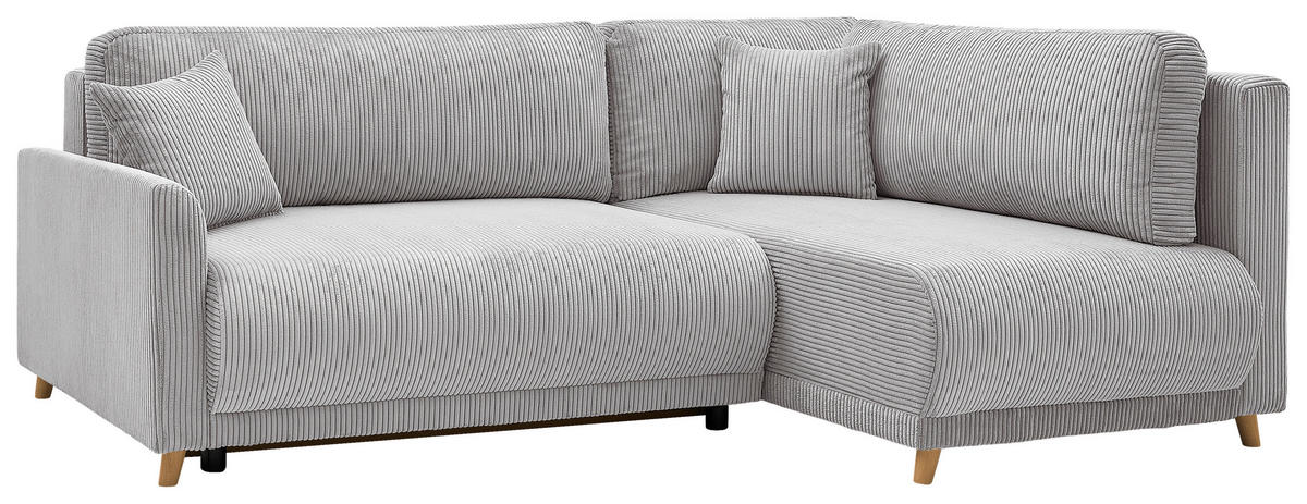 ECKSOFA MILOS Hellgrau Cord Rückenkissen, Bettkasten, Schlaffunktion, Rücken echt  - Hellgrau/Naturfarben, Design, Textil (224/148cm) - P & B