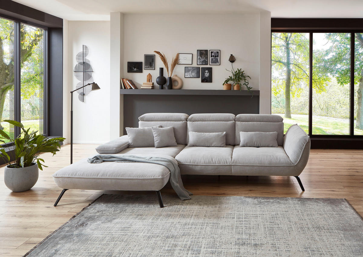 ECKSOFA Hellgrau Cord  - Hellgrau/Schwarz, Design, Textil/Metall (196/301cm) - Moderano