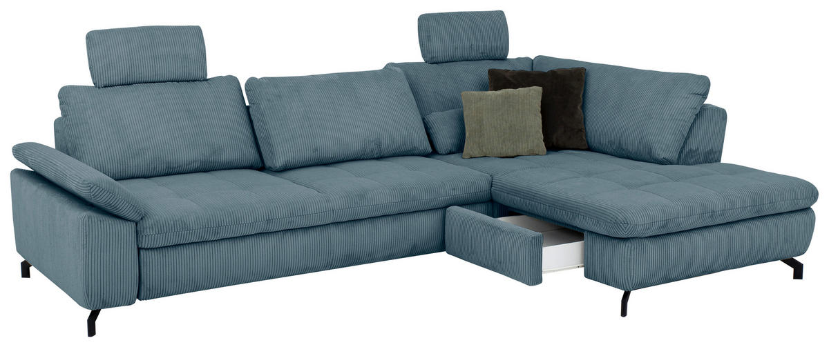 ECKSOFA in Cord, Velours Petrol  - Petrol/Schwarz, Design, Textil/Metall (291/197cm) - Beldomo Style