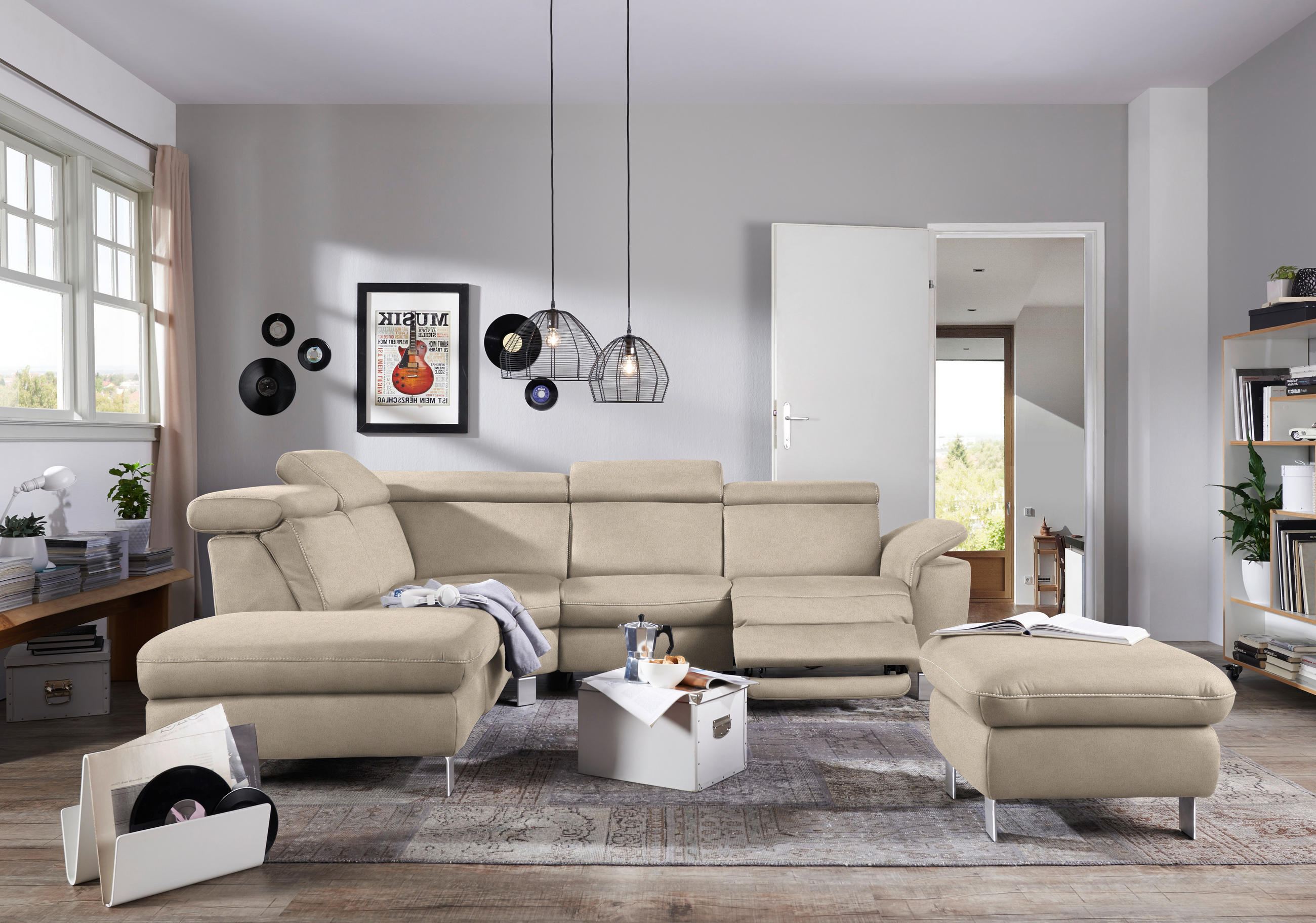 ECKSOFA in Flachgewebe, Mikrofaser Beige  - Beige/Alufarben, Design, Textil/Metall (239/271cm) - Cantus