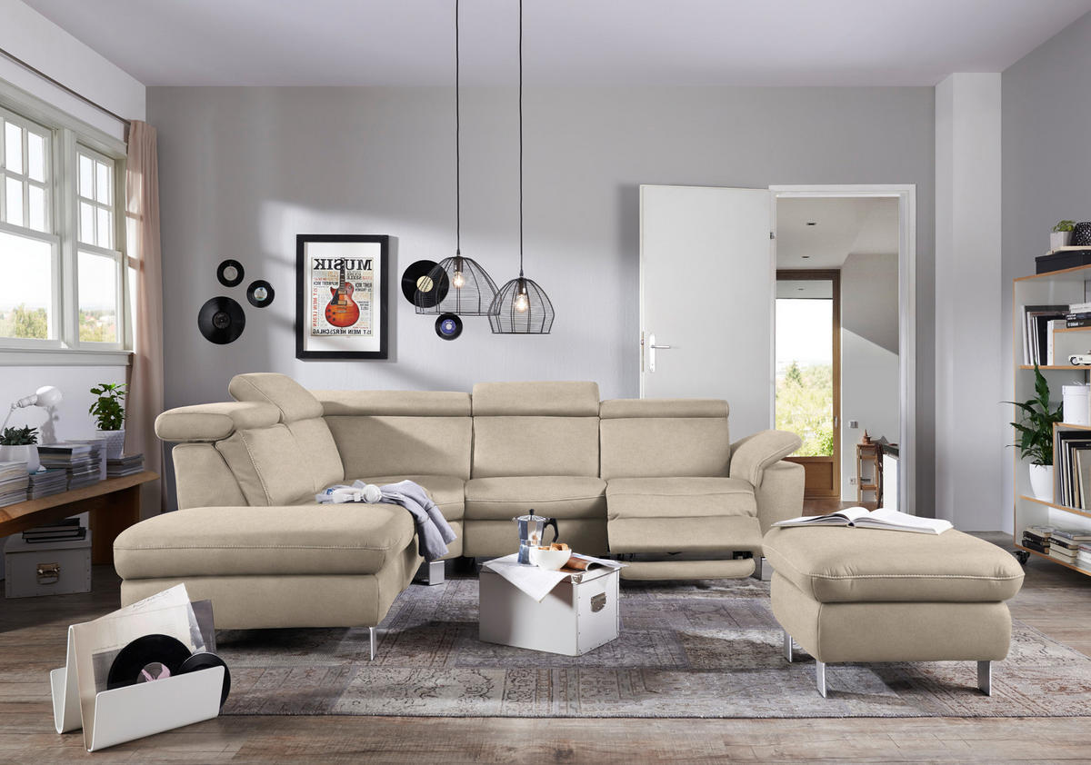 ECKSOFA in Flachgewebe, Mikrofaser Beige  - Beige/Alufarben, Design, Textil/Metall (239/271cm) - Cantus