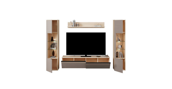 WOHNWAND 4-teilig  in Grau, Eichefarben  284/204/41 cm  - Eichefarben/Schwarz, KONVENTIONELL, Glas/Holzwerkstoff (284/204/41cm) - Carryhome