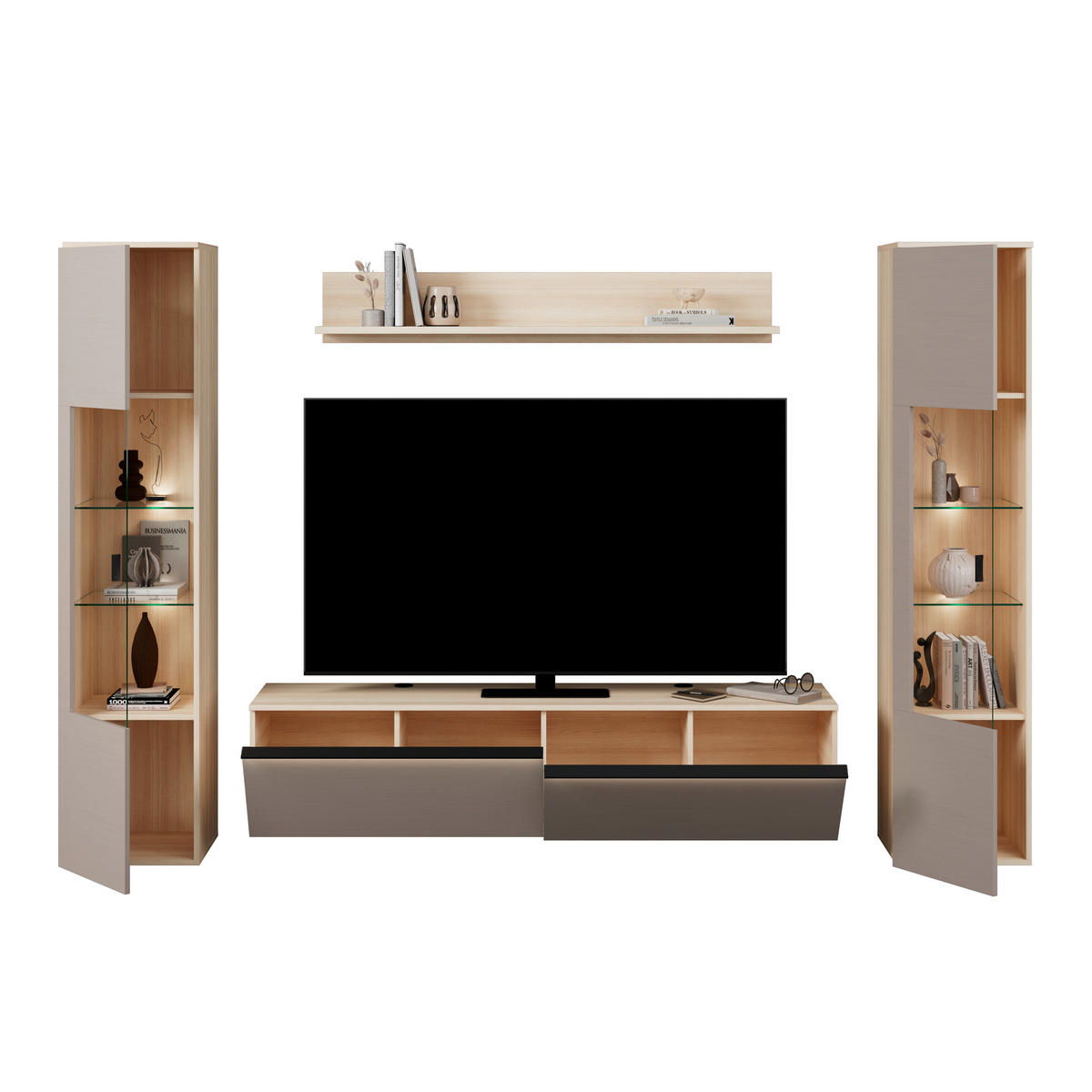 WOHNWAND 4-teilig  in Grau, Eichefarben  284/204/41 cm  - Eichefarben/Schwarz, KONVENTIONELL, Glas/Holzwerkstoff (284/204/41cm) - Carryhome