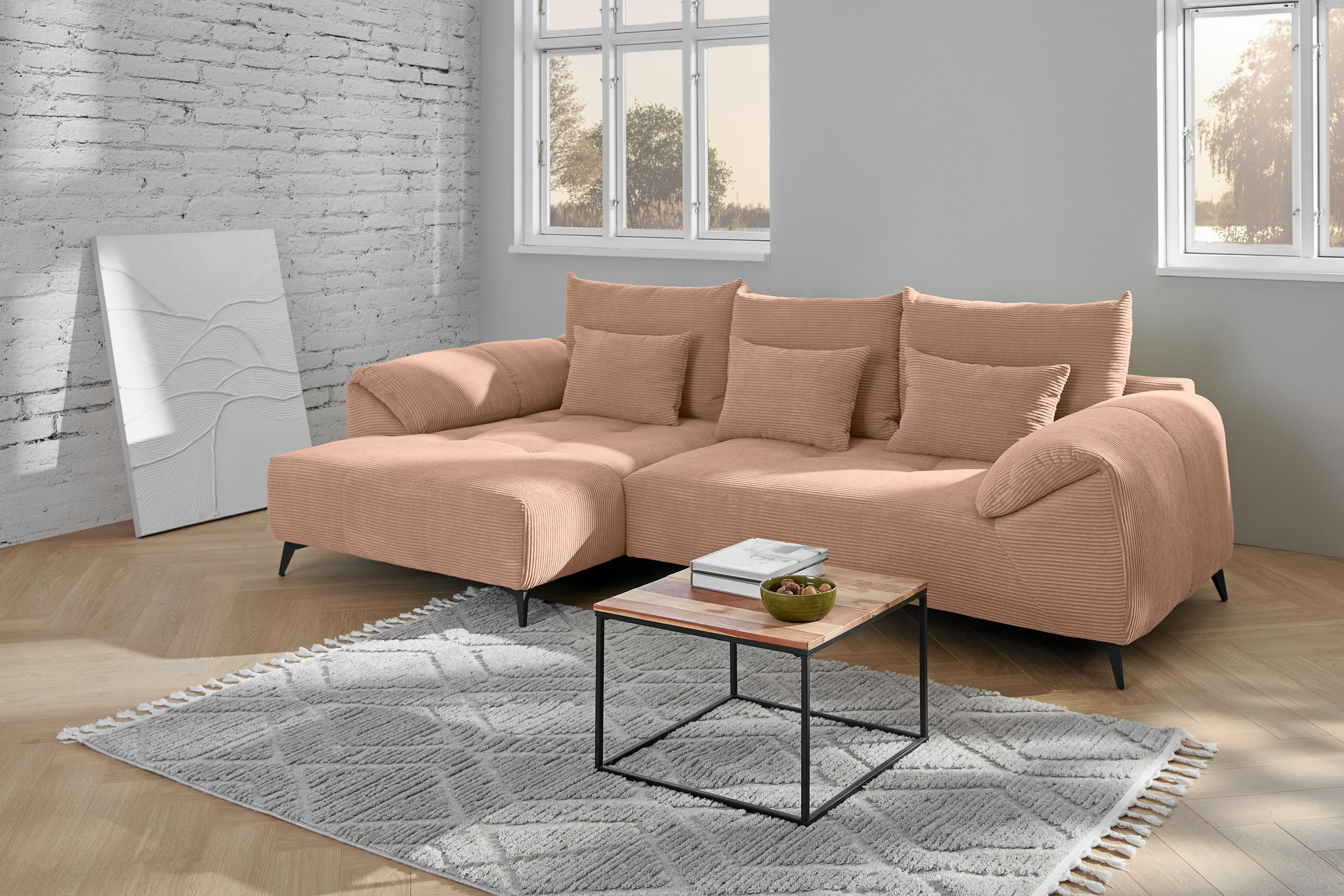 ECKSOFA Altrosa Cord  - Schwarz/Altrosa, KONVENTIONELL, Textil/Metall (176/311cm) - Carryhome