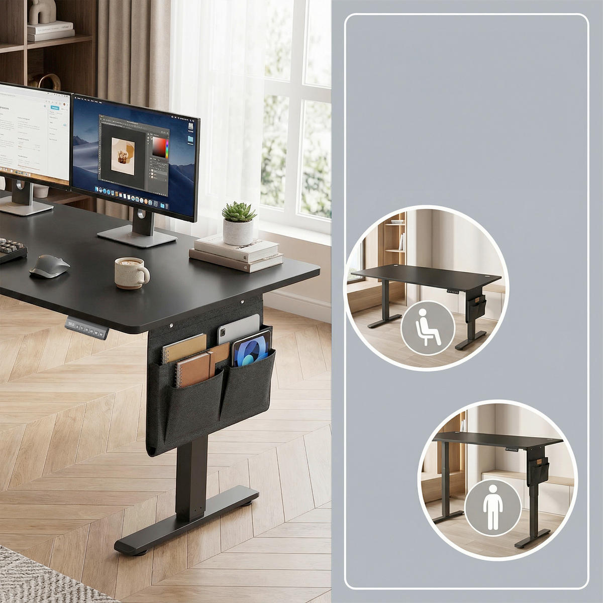 SCHREIBTISCH 140/60/72-120 cm Schwarz elektrisch höhenverstellbar  - Schwarz/Weiß, Basics, Holzwerkstoff/Metall (140/60/72-120cm) - Boxxx