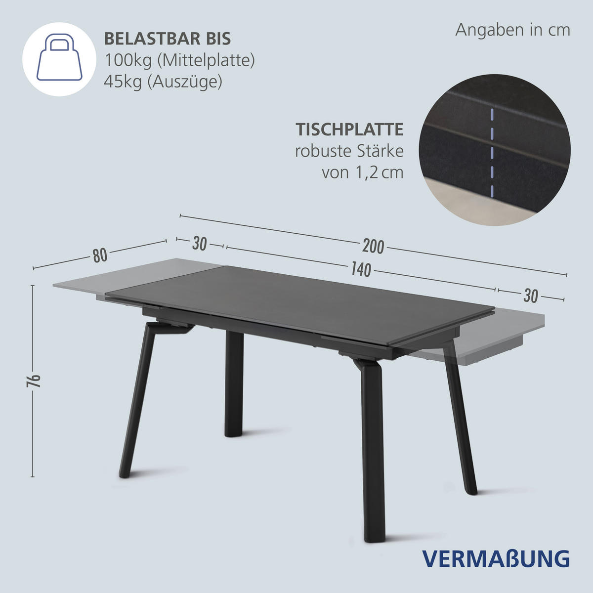 ESSTISCH Anthrazit, Schwarz  ausziehbar  - Anthrazit/Schwarz, MODERN, Keramik/Metall (140/80/76cm) - MID.YOU