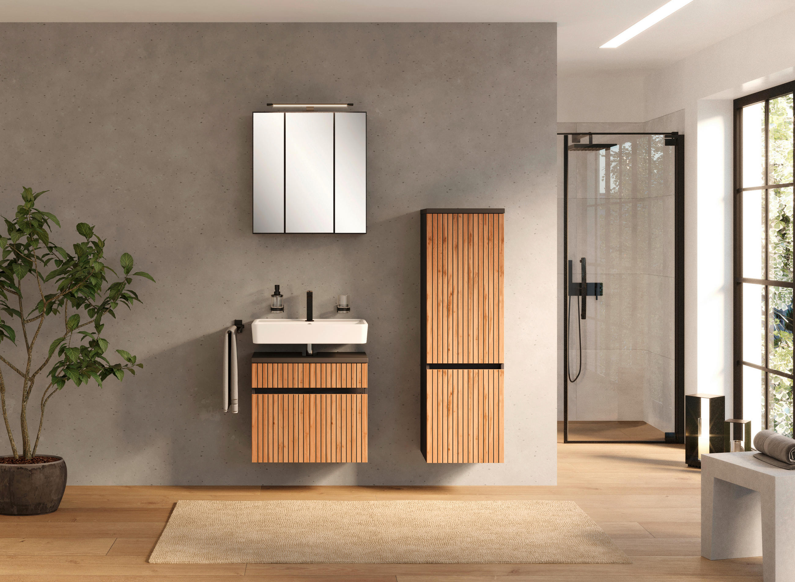 BADEZIMMER  in 100 cm  - Anthrazit/Eiche Wotan, KONVENTIONELL, Glas/Holzwerkstoff (100cm) - Xora