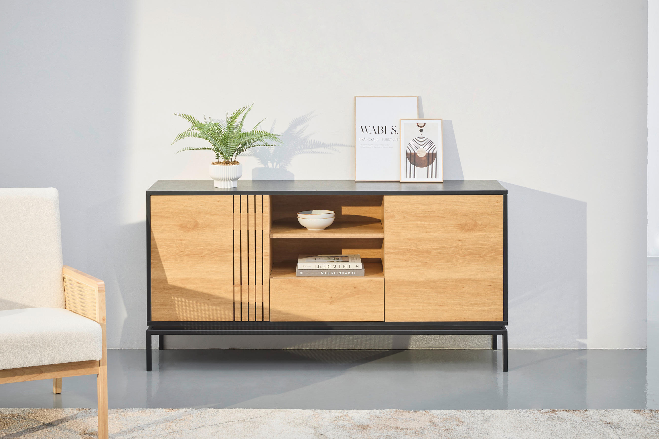 TÁLALÓSZEKRÉNY 160/80/40 cm - fekete/natúr, Design, faalapú anyag (160/80/40cm) - Xora