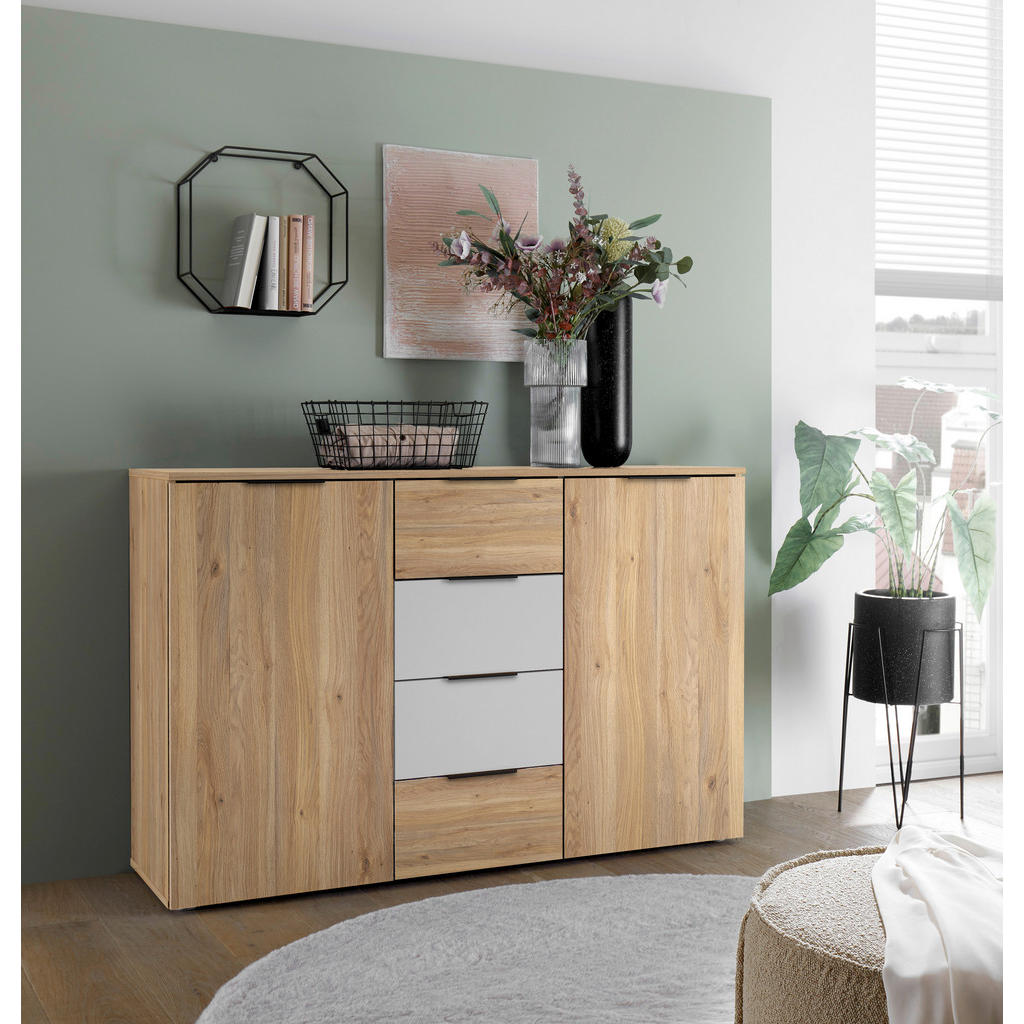 Thumbnail - Boxxx Sideboard, Weiß, Eiche, Holzwerkstoff, 2 Fächer, 4 Schubladen, 135x89x40 cm, Beimöbel erhältlich, Wohnzimmer, Komm...