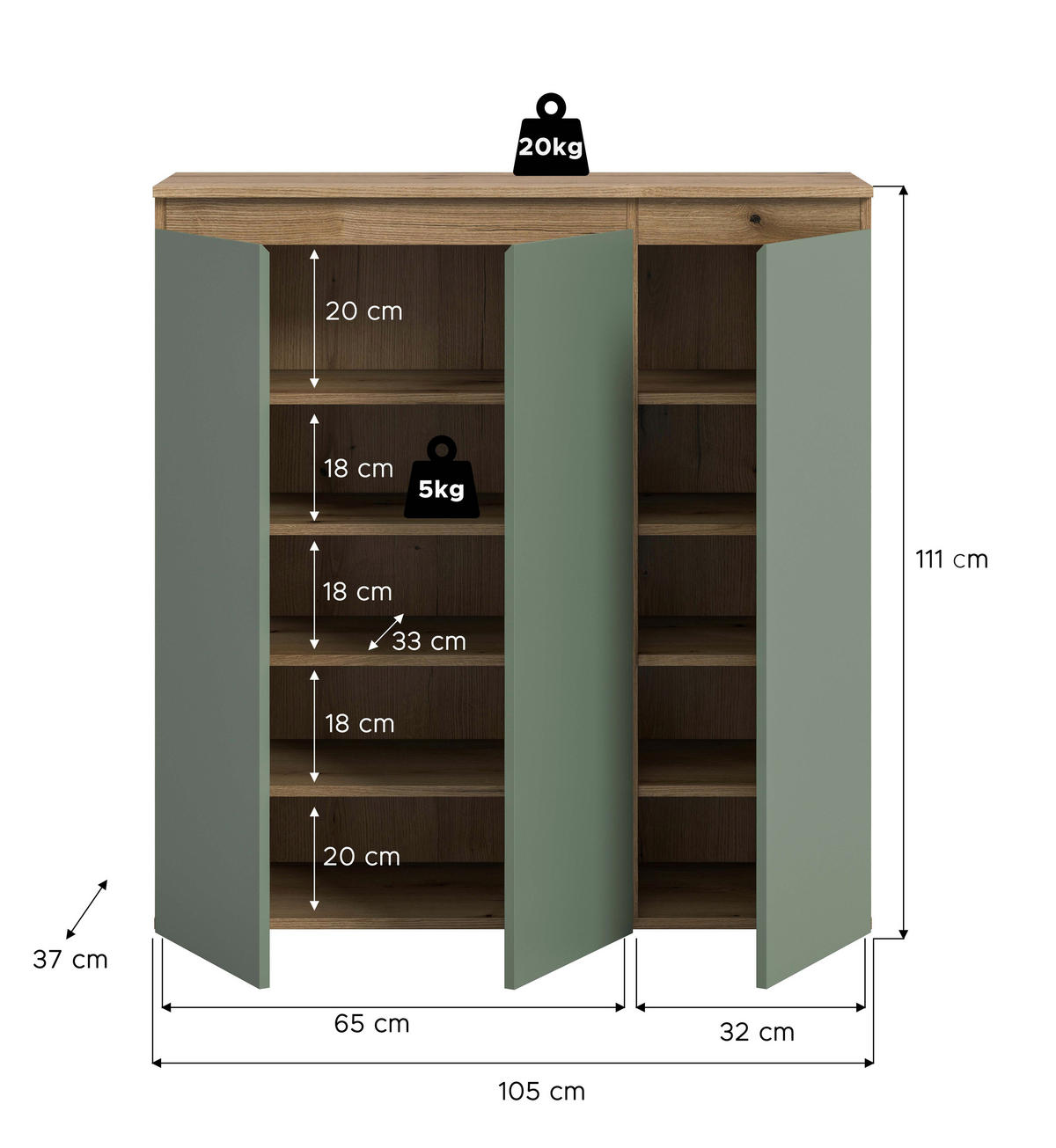 BOTNÍK, barvy dubu, šedozelená, 105/111/37 cm - černá/barvy dubu, Design, kompozitní dřevo/plast (105/111/37cm) - Livetastic
