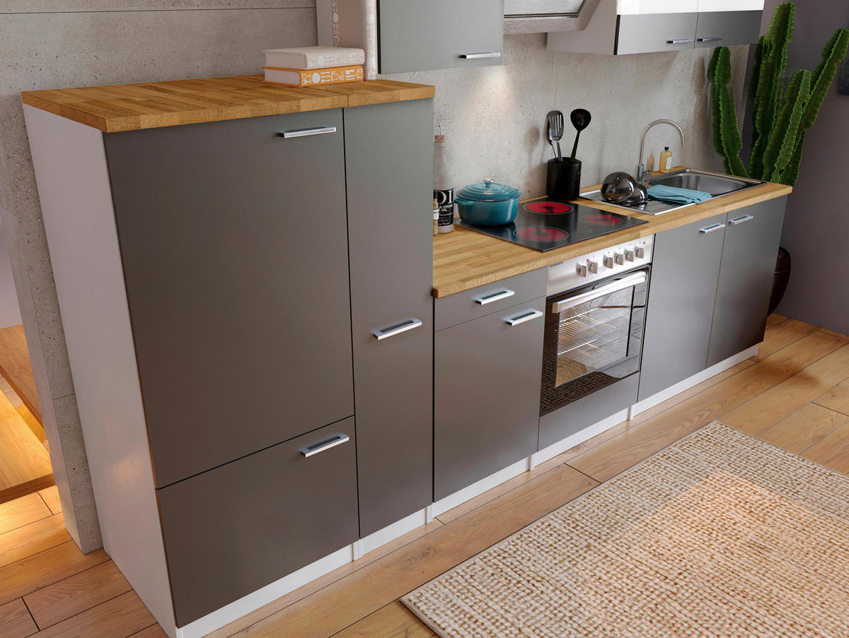 KÜCHENBLOCK 300 cm   in Grau  - Edelstahlfarben/Nussbaumfarben, Basics, Holzwerkstoff/Metall (300cm) - Respekta
