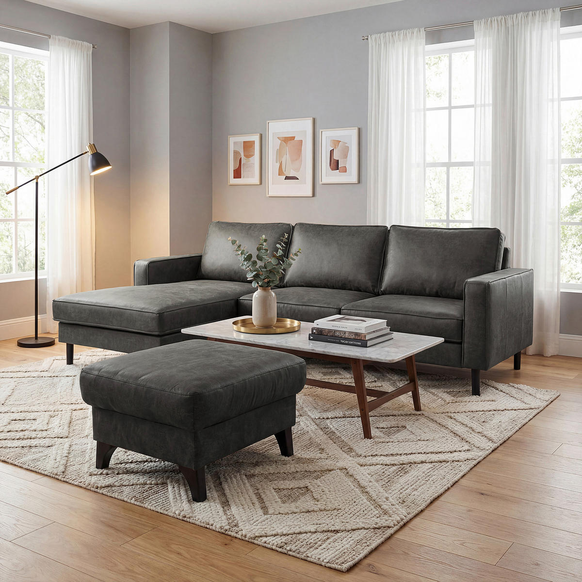ECKSOFA Dunkelgrau Echtleder Lederlook Bettkasten, Schlaffunktion, Rücken echt  - Dunkelgrau/Schwarz, Design, Leder/Textil (166/238cm) - Livetastic