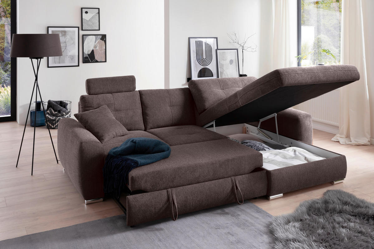 ECKSOFA in Mikrofaser Braun  276/193 cm  - Chromfarben/Braun, MODERN, Kunststoff/Textil (276/193cm) - Hom`in