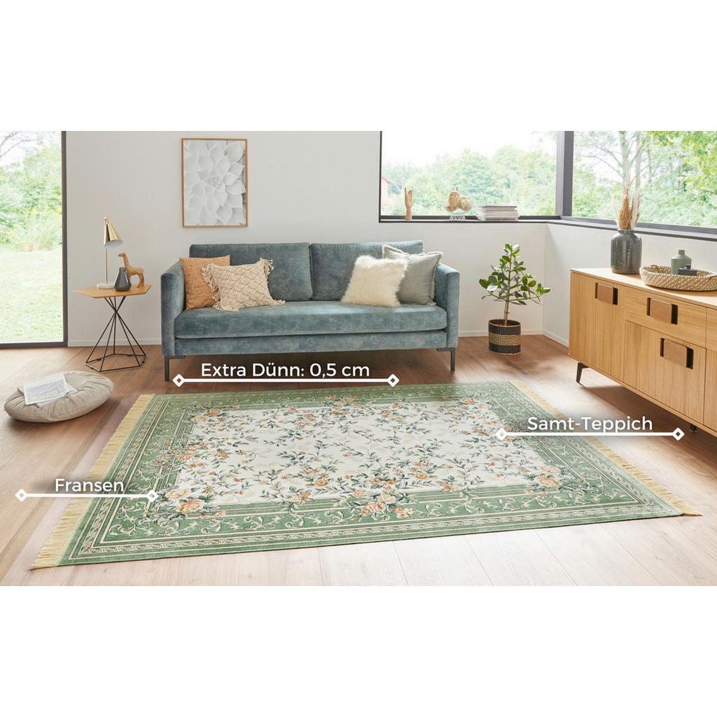 Thumbnail - Xxxl Vintage-Teppich Naveh, Creme, Hellgrün, Textil, Floral, rechteckig, 95x140 cm, Oeko-Tex® Standard 100, für Fußboden...