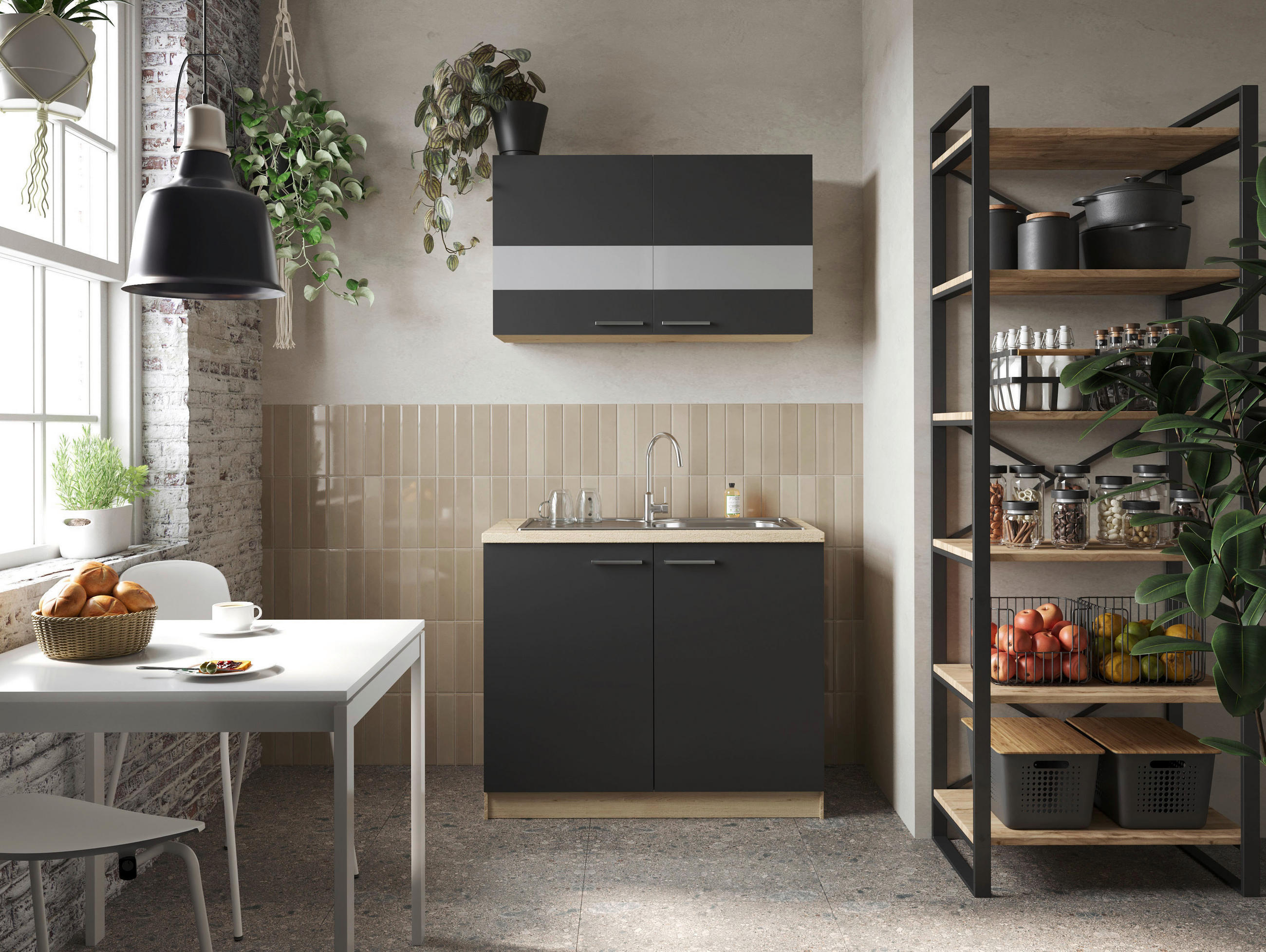 MINIKÜCHE 100 cm   in Schwarz, Eichefarben  - Eichefarben/Silberfarben, Basics, Glas/Holzwerkstoff (100cm) - Respekta