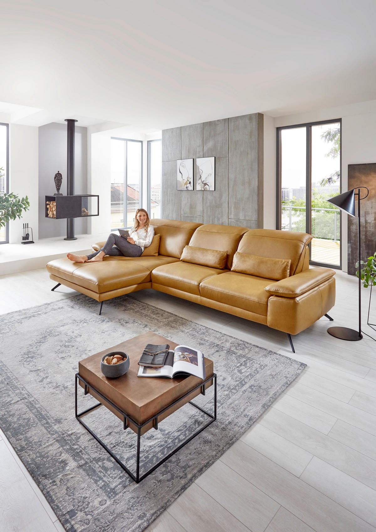 ECKSOFA in Echtleder Hellbraun  - Hellbraun/Schwarz, Design, Leder/Metall (328/193cm) - Dieter Knoll