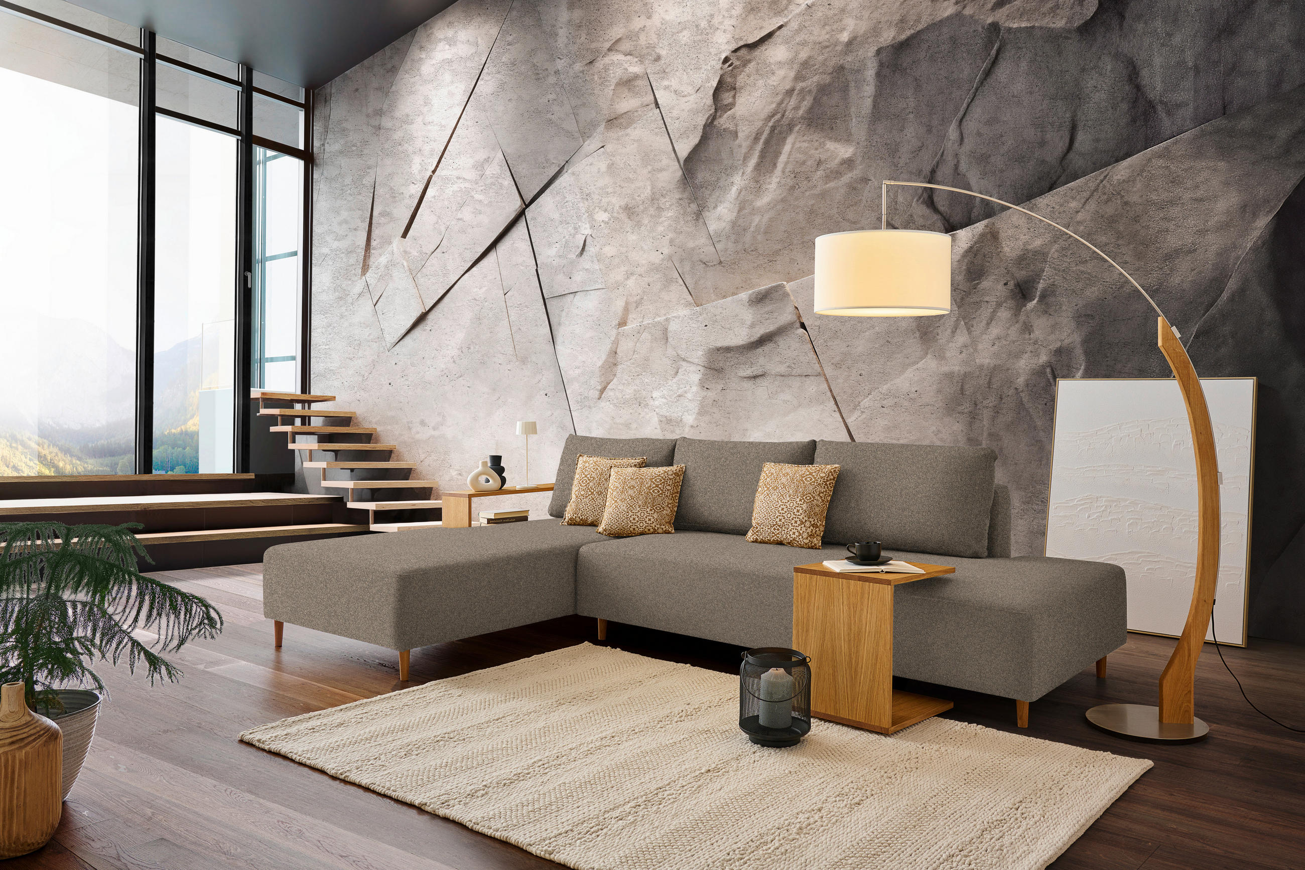 ECKSOFA in Flachgewebe Greige  - Greige/Eichefarben, Design, Holz/Textil (190/307cm) - Joka