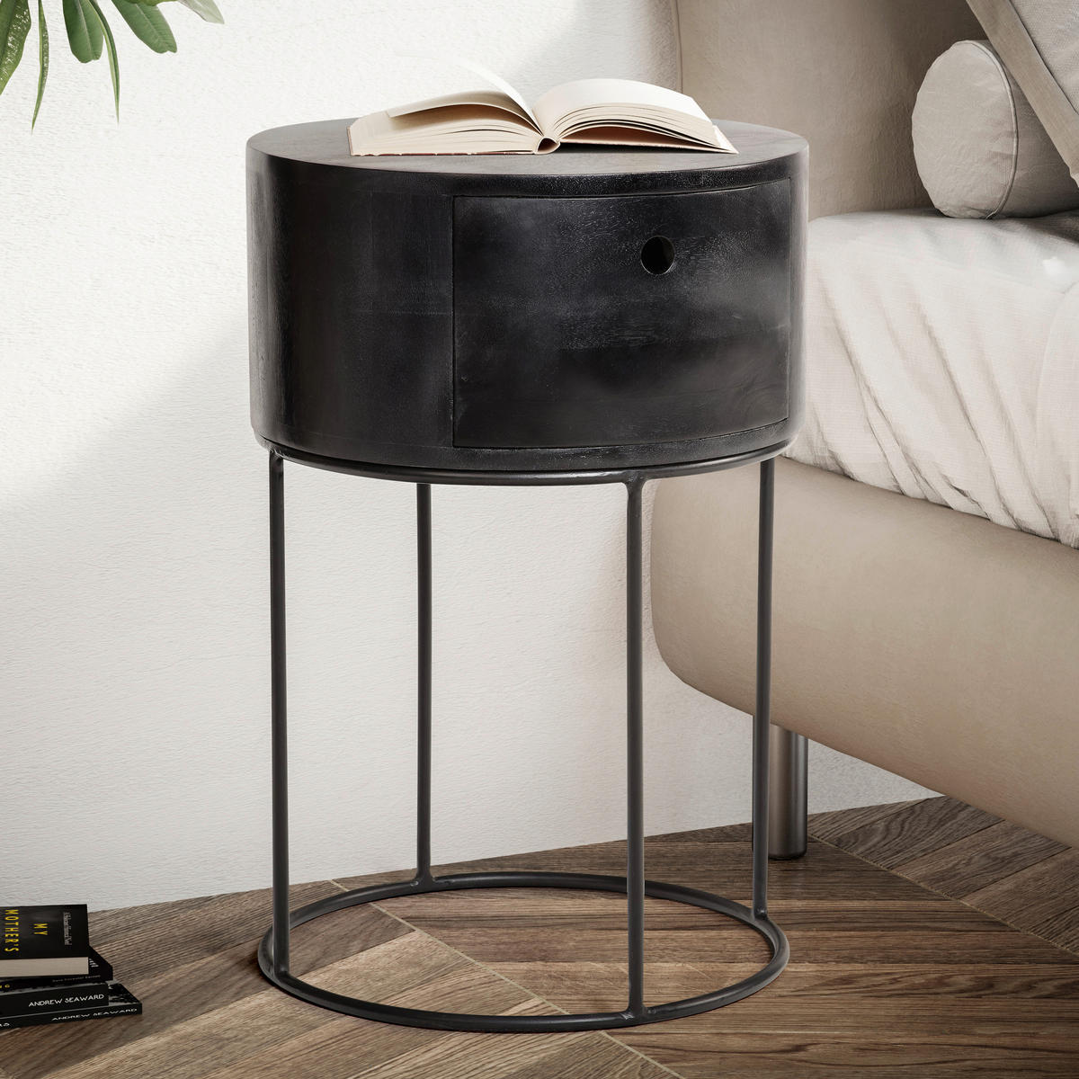 NACHTTISCH Mangoholz massiv  - Schwarz, Design, Holz/Metall (40/40/60cm) - Livetastic