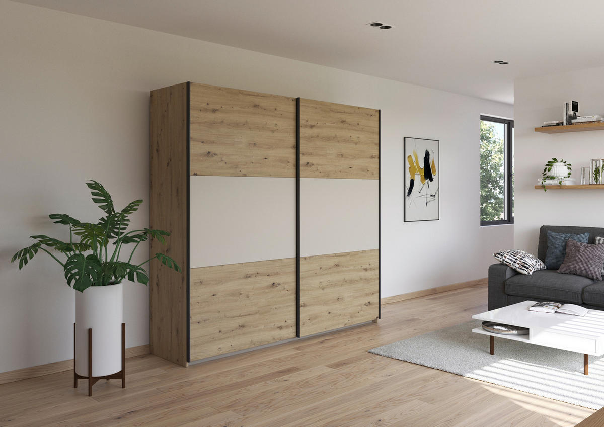 SCHWEBETÜRENSCHRANK in Alufarben, Champagner, Eiche Artisan  - Champagner/Alufarben, Modern, Holzwerkstoff/Metall (218/210/59cm) - Rauch Möbel