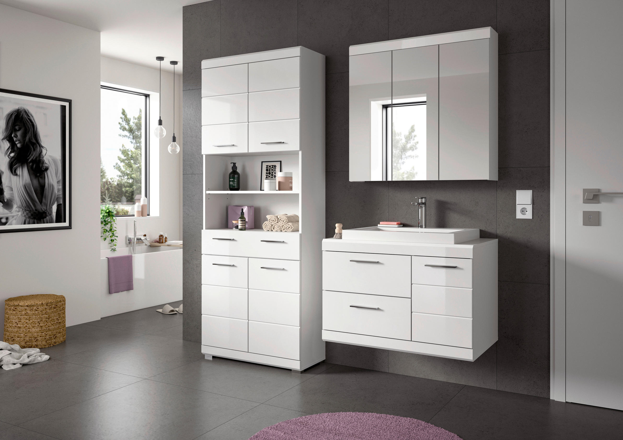 BADEZIMMER 4-teilig  in 169 cm  - Weiß Hochglanz/Silberfarben, Trend, Glas/Holzwerkstoff (169cm) - MID.YOU