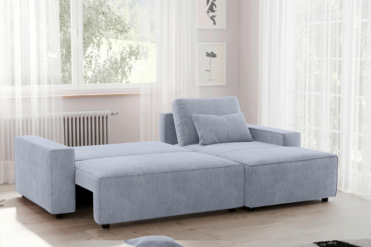 ECKSCHLAFSOFA  mit seitenverkehrt erhältlich, Rücken echt Chenille Hellblau  - Schwarz/Hellblau, MODERN, Kunststoff/Textil (247/154cm) - Livetastic