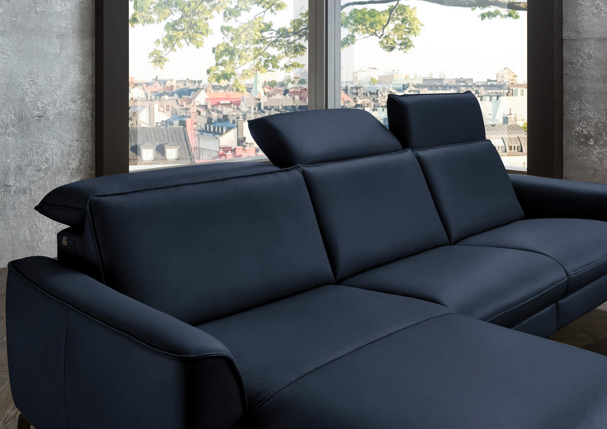 ECKSOFA in Echtleder Dunkelblau  - Schwarz/Dunkelblau, Natur, Leder/Metall (168/281cm) - Valdera