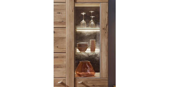 VITRINE Eiche furniert, massiv Eichefarben - Eichefarben/Alufarben, KONVENTIONELL, Glas/Holz (89/205/38cm) - Voleo