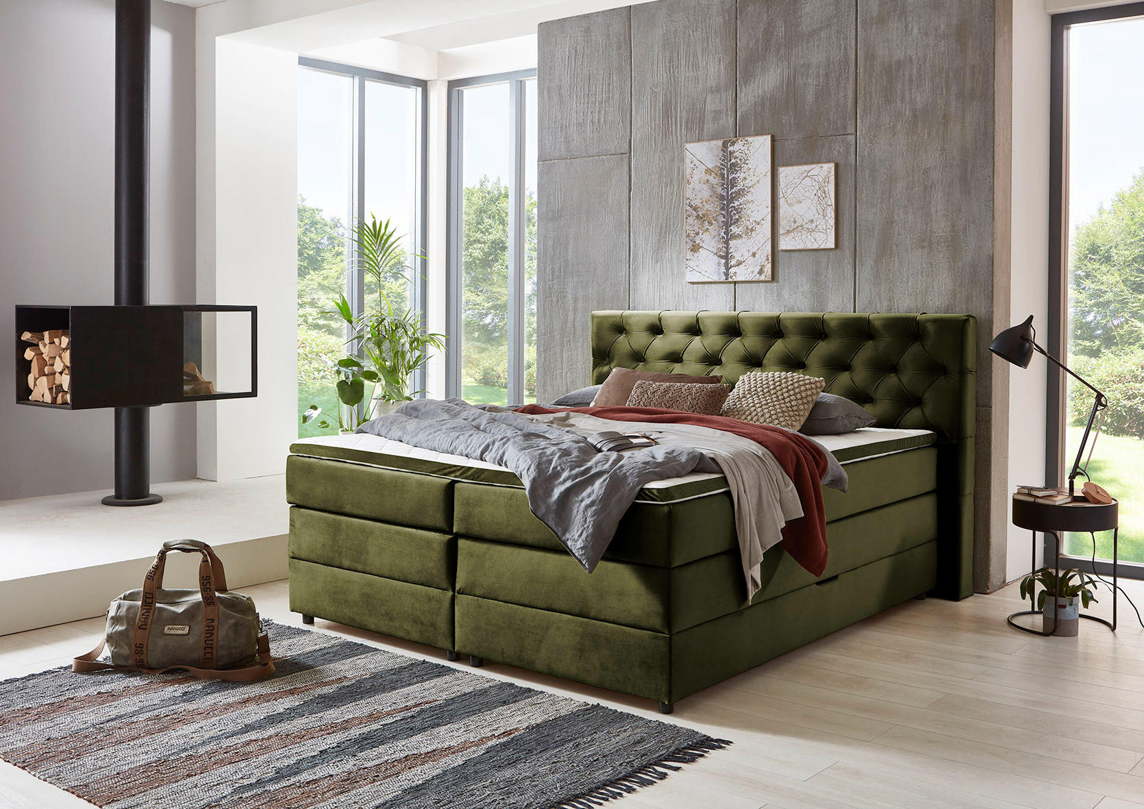 BOXSPRING KREVET     - zelena/crna, Moderno, tekstil/plastika (180/200cm)
