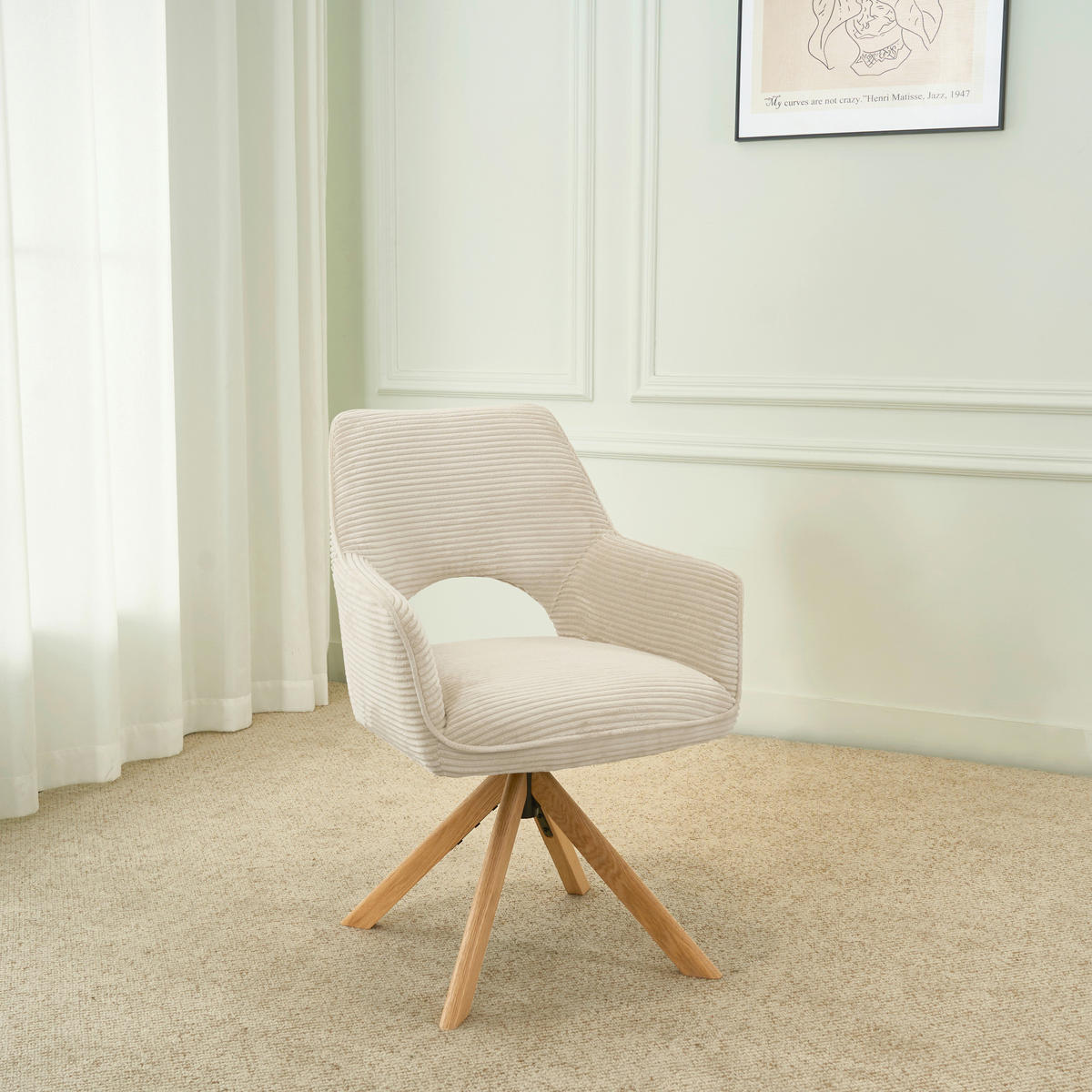 ARMLEHNSTUHL  Sitzfläche 360° drehbar, inklusive Armlehnen Cord  - Eichefarben/Creme, Design, Holz/Textil (60/85/63cm) - Hom`in