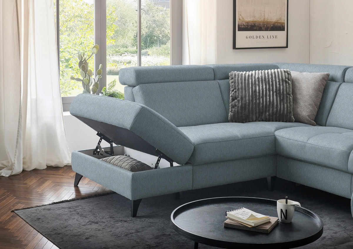 WOHNLANDSCHAFT Flachgewebe Hellblau  - Schwarz/Hellblau, Konventionell, Textil/Metall (215/333/174cm) - Beldomo System