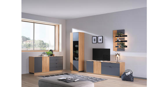 WOHNWAND  in Grau, Eichefarben  250/200/42 cm  - Eichefarben/Schwarz, Natur, Glas/Holz (250/200/42cm) - Linea Natura