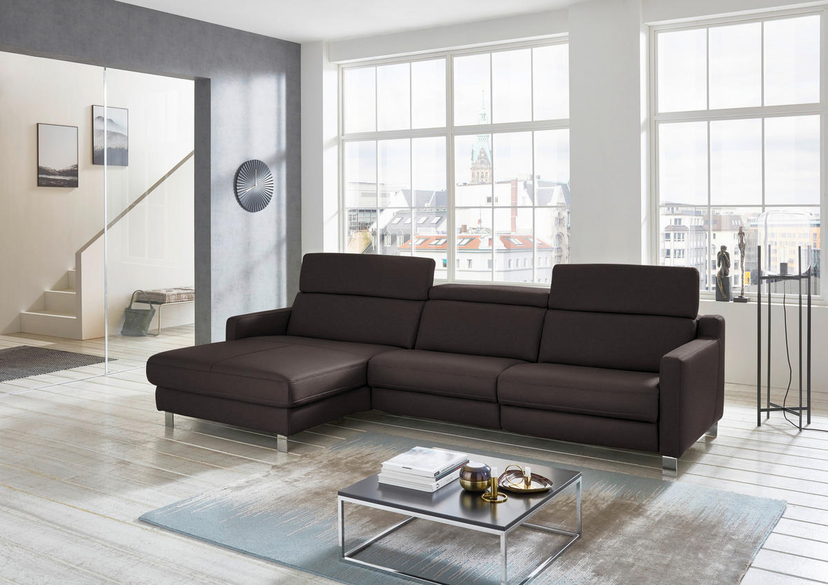 ECKSOFA Echtleder Mokka  - Chromfarben/Mokka, Design, Leder/Metall (176/291cm) - Valdera