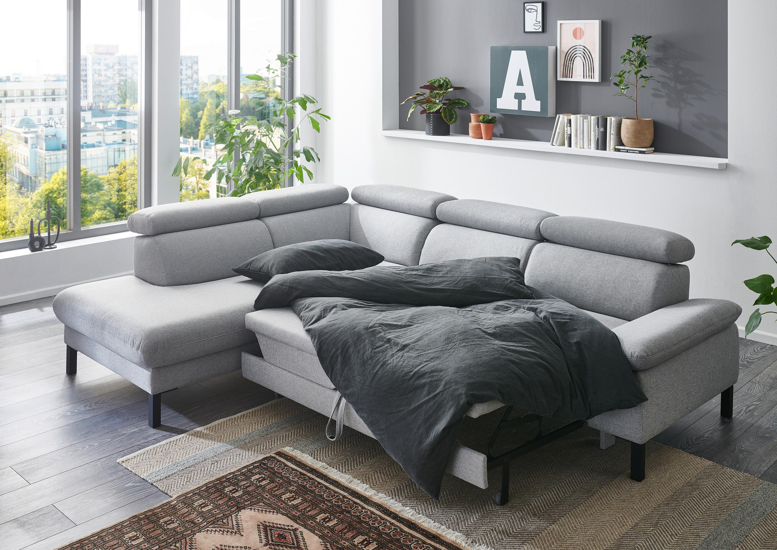 ECKSOFA in Flachgewebe Hellgrau  - Hellgrau/Schwarz, Design, Holzwerkstoff/Textil (217/272cm) - Pure Home Comfort