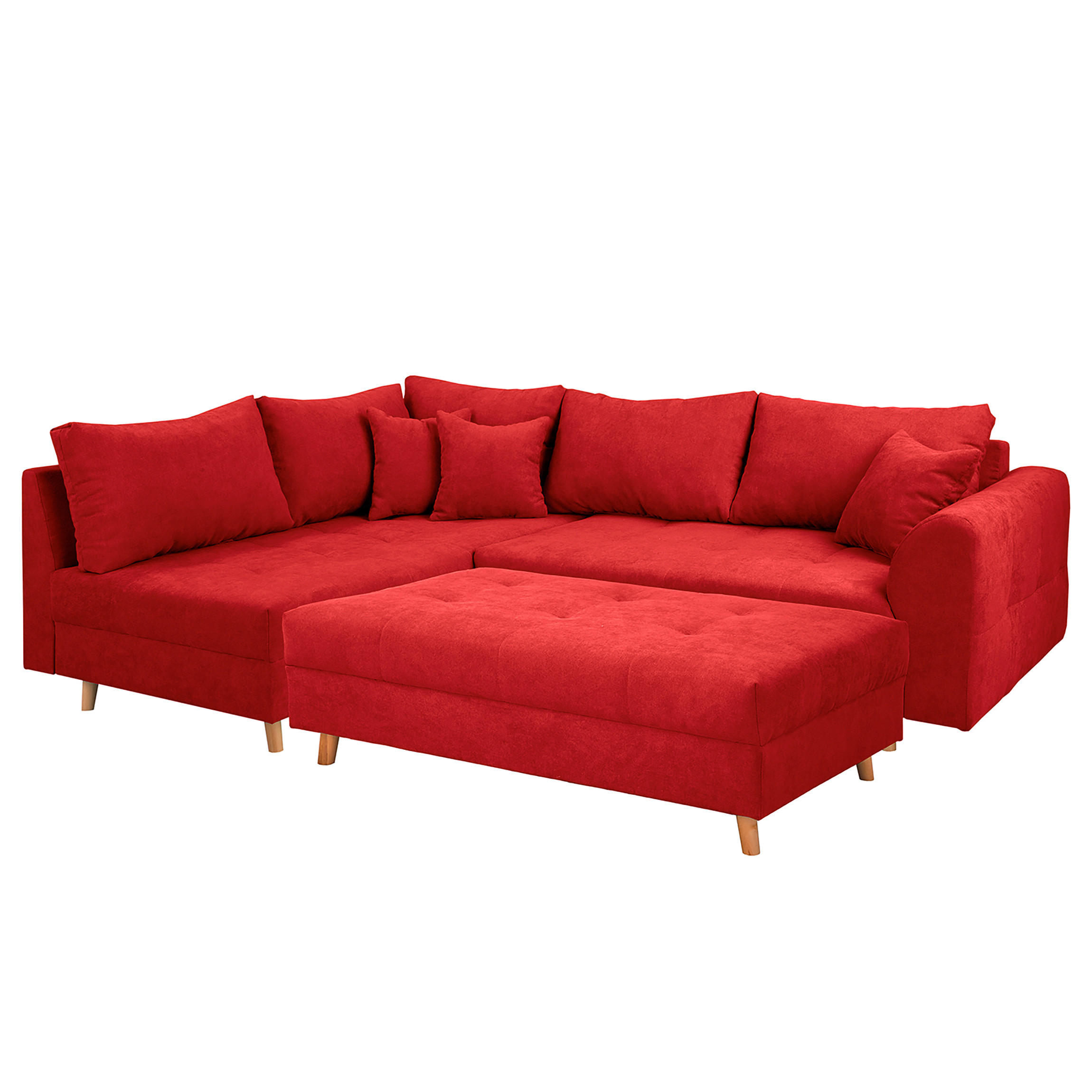 ECKSOFA inkl. Hocker Ariella Rot Mikrofaser Rückenkissen, Hocker  - Rot/Naturfarben, Design, Holz/Textil (161/231cm) - Livetastic