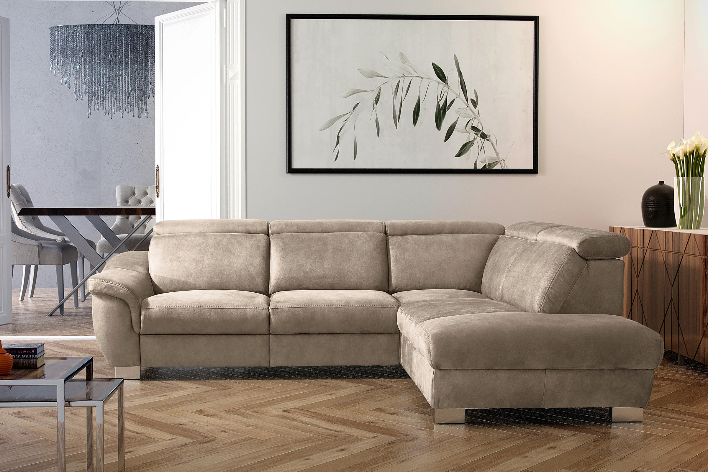 ECKSOFA Taupe Mikrofaser Rücken echt, Relaxfunktion, Kopfteilverstellung  - Taupe/Chromfarben, Design, Textil/Metall (276/238cm) - Livetastic