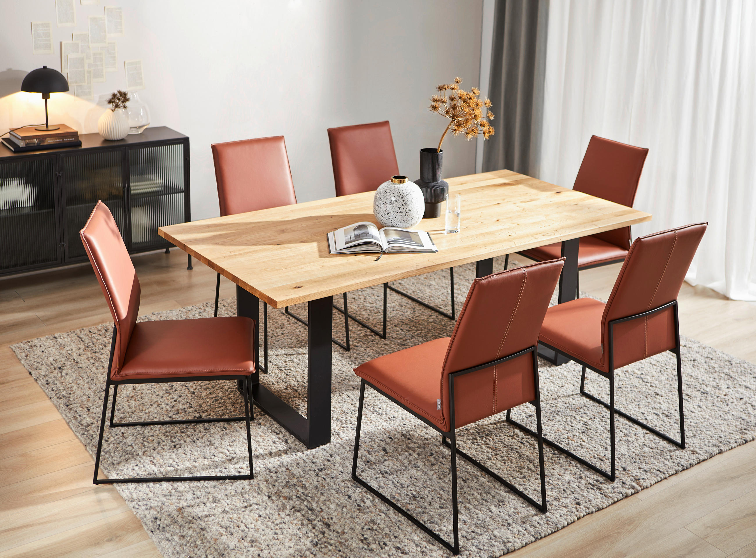 ESSTISCH Eiche massiv rechteckig Eichefarben  - Eichefarben/Schwarz, Design, Holz/Metall (200/100/76cm) - Lomoco