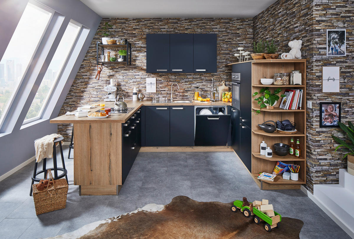 EINBAUKÜCHE   - Eichefarben/Anthrazit, Basics, Holzwerkstoff - Welnova