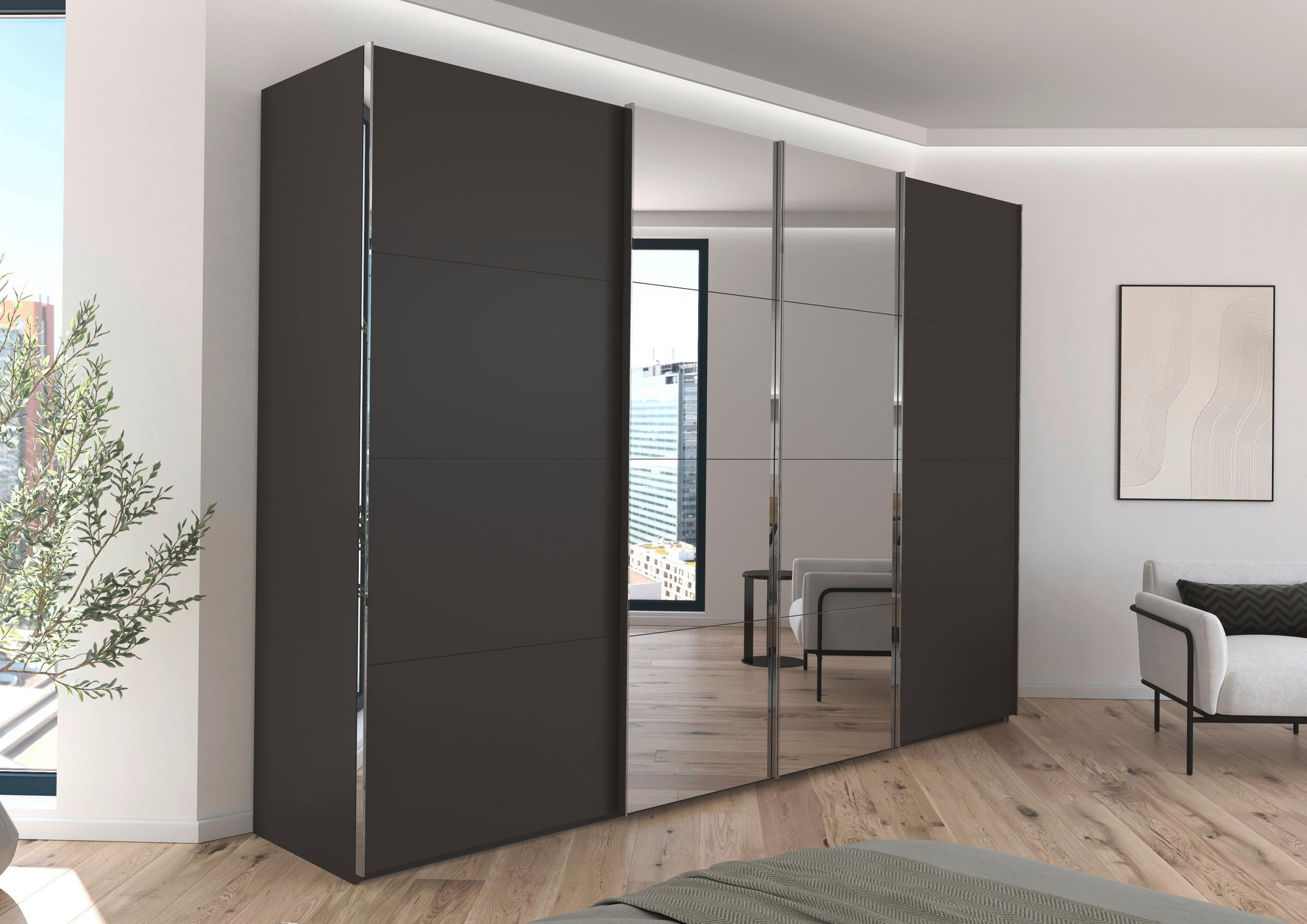 SCHWEBETÜRENSCHRANK 316/235/68 cm 4-türig Graphitfarben  - Chromfarben/Graphitfarben, Design, Holzwerkstoff/Metall (316/235/68cm) - Novel