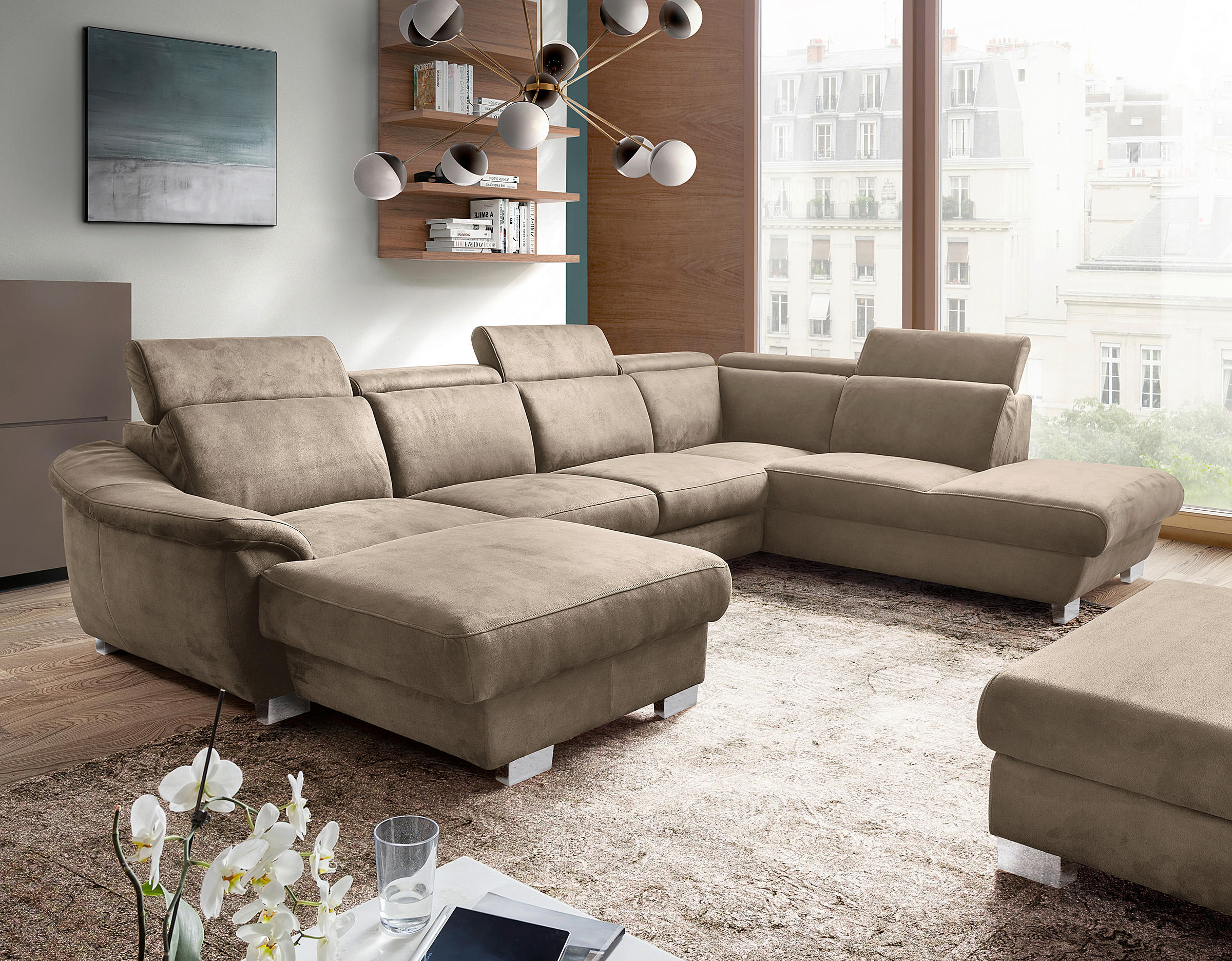 WOHNLANDSCHAFT Taupe Mikrofaser  - Taupe/Chromfarben, Design, Textil/Metall (238/347/273cm) - Livetastic