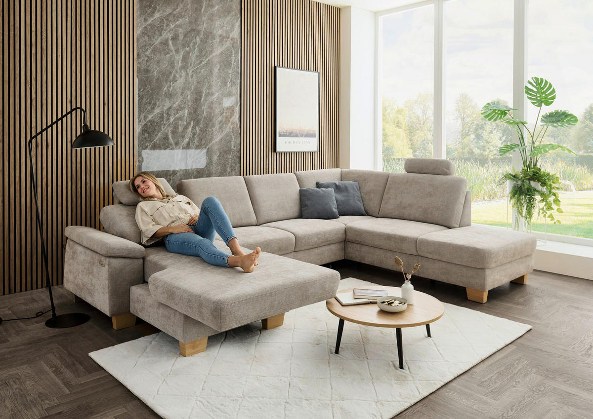 WOHNLANDSCHAFT Beldomo System in Flachgewebe Beige  - Eichefarben/Beige, KONVENTIONELL, Holz/Textil (167/316/235cm) - Beldomo System