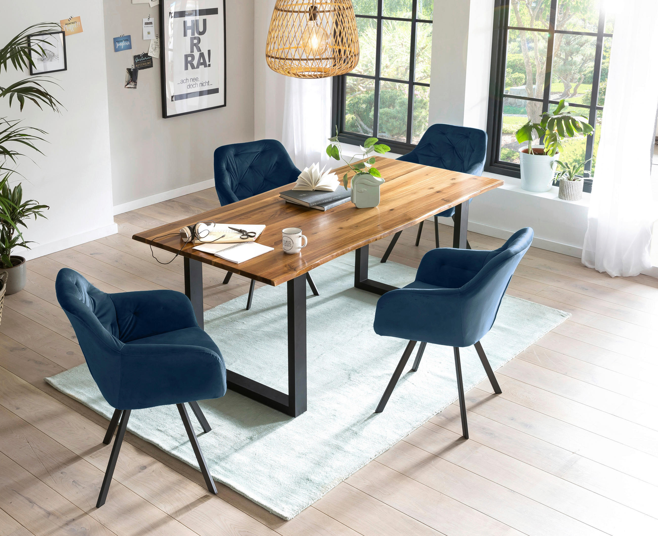 TISCHGRUPPE Blau, Cognac  - Blau/Cognac, MODERN, Holz/Textil (160/85/77cm) - Livetastic