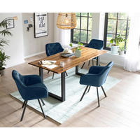 TISCHGRUPPE Blau, Cognac  - Blau/Cognac, MODERN, Holz/Textil (160/85/77cm) - Livetastic