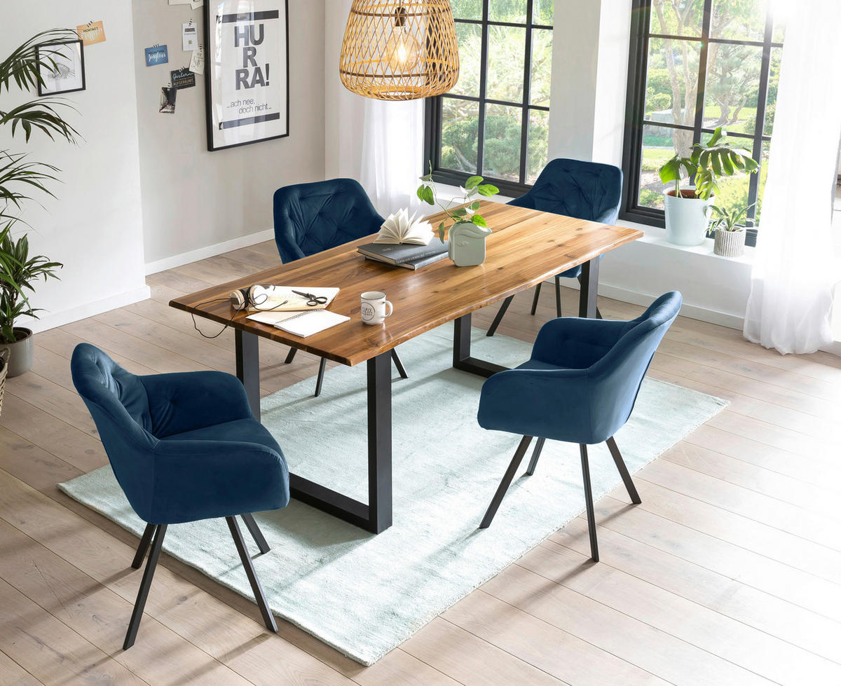 TISCHGRUPPE Blau, Cognac  - Blau/Cognac, MODERN, Holz/Textil (160/85/77cm) - Livetastic
