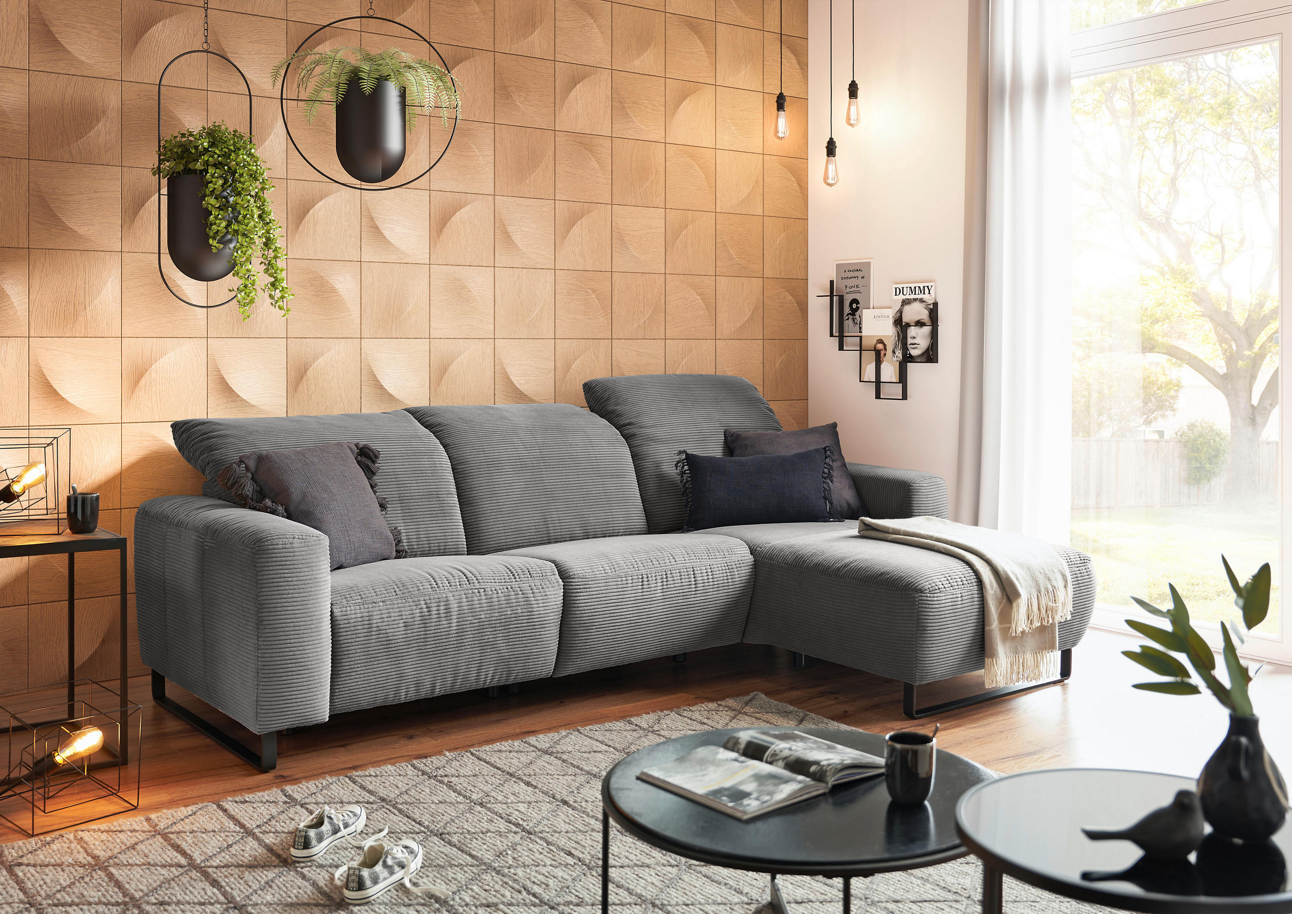 ECKSOFA Dunkelgrau Cord  - Dunkelgrau/Schwarz, KONVENTIONELL, Textil/Metall (266/180cm) - Hom`in