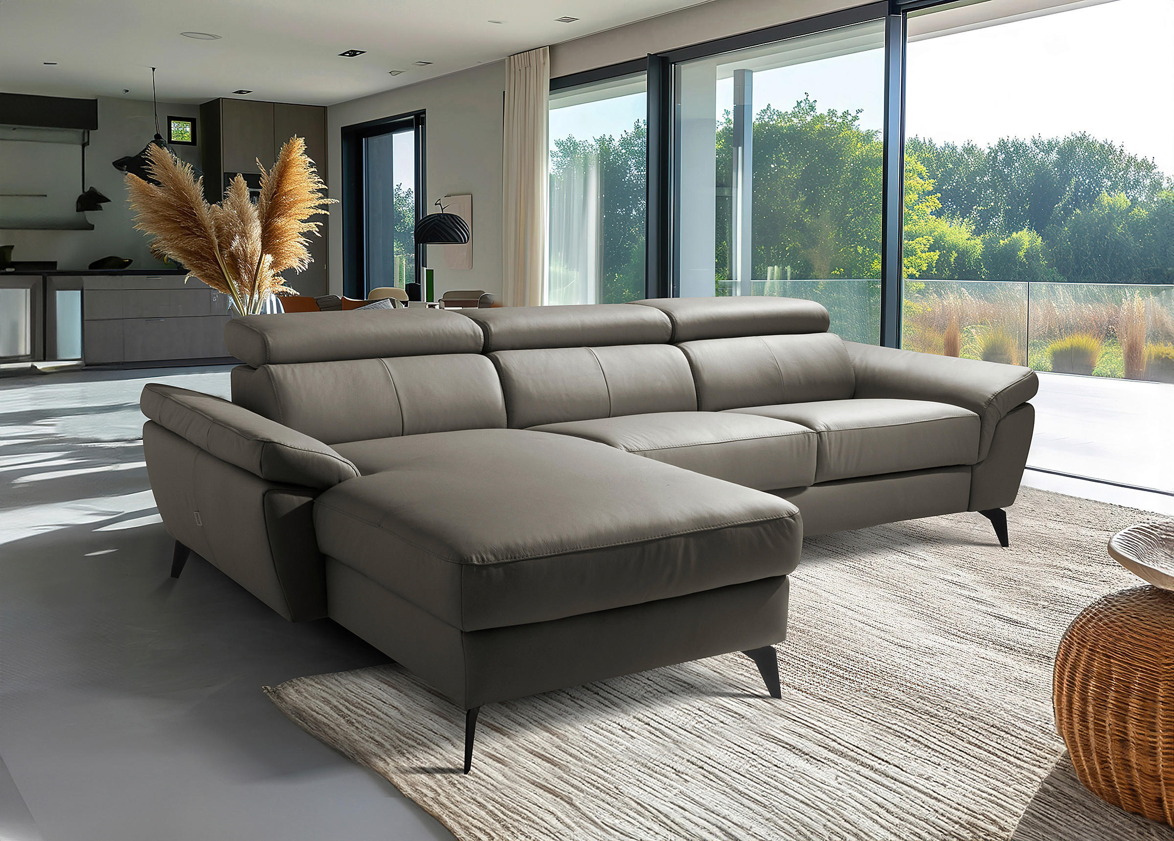 ECKSOFA Schlammfarben Echtleder Lederlook Bettkasten, Schlaffunktion, Rücken echt, Armteilverstellung, Kopfteilverstellung  - Schlammfarben/Schwarz, Design, Leder/Textil (179/252cm) - Livetastic