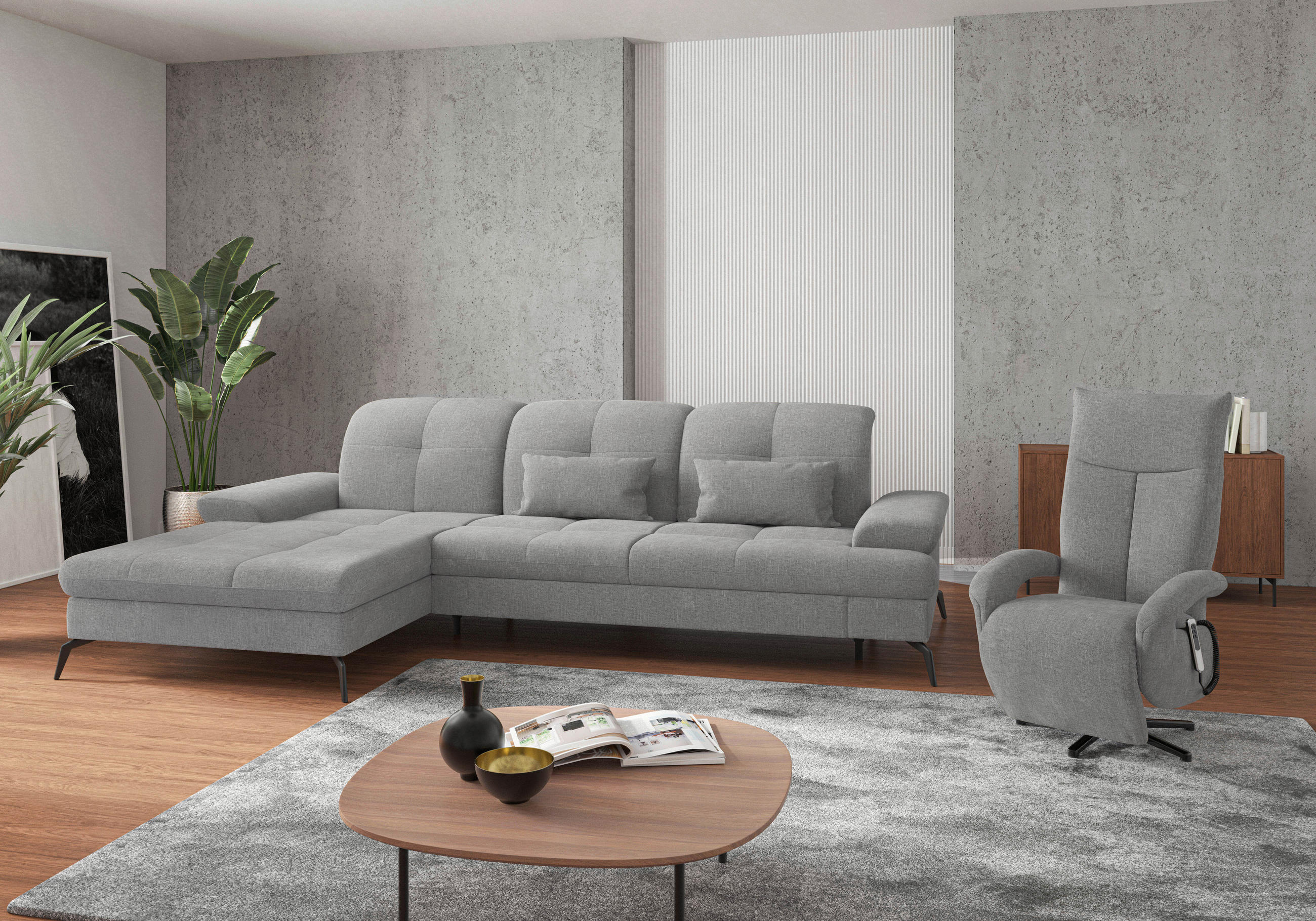ECKSOFA Hellgrau Flachgewebe Armteilverstellung, Sitztiefenverstellung  - Hellgrau/Schwarz, KONVENTIONELL, Textil/Metall (185/279cm) - Sit & More